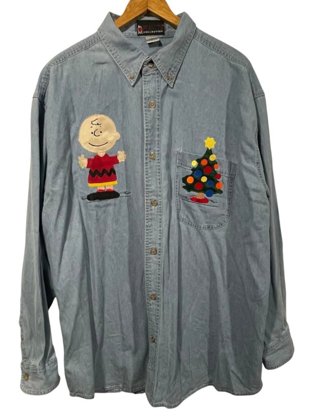 Vtg Peanuts Long Sleeve Denim Shirt Charlie Brown Christmas Appliques Sz XL